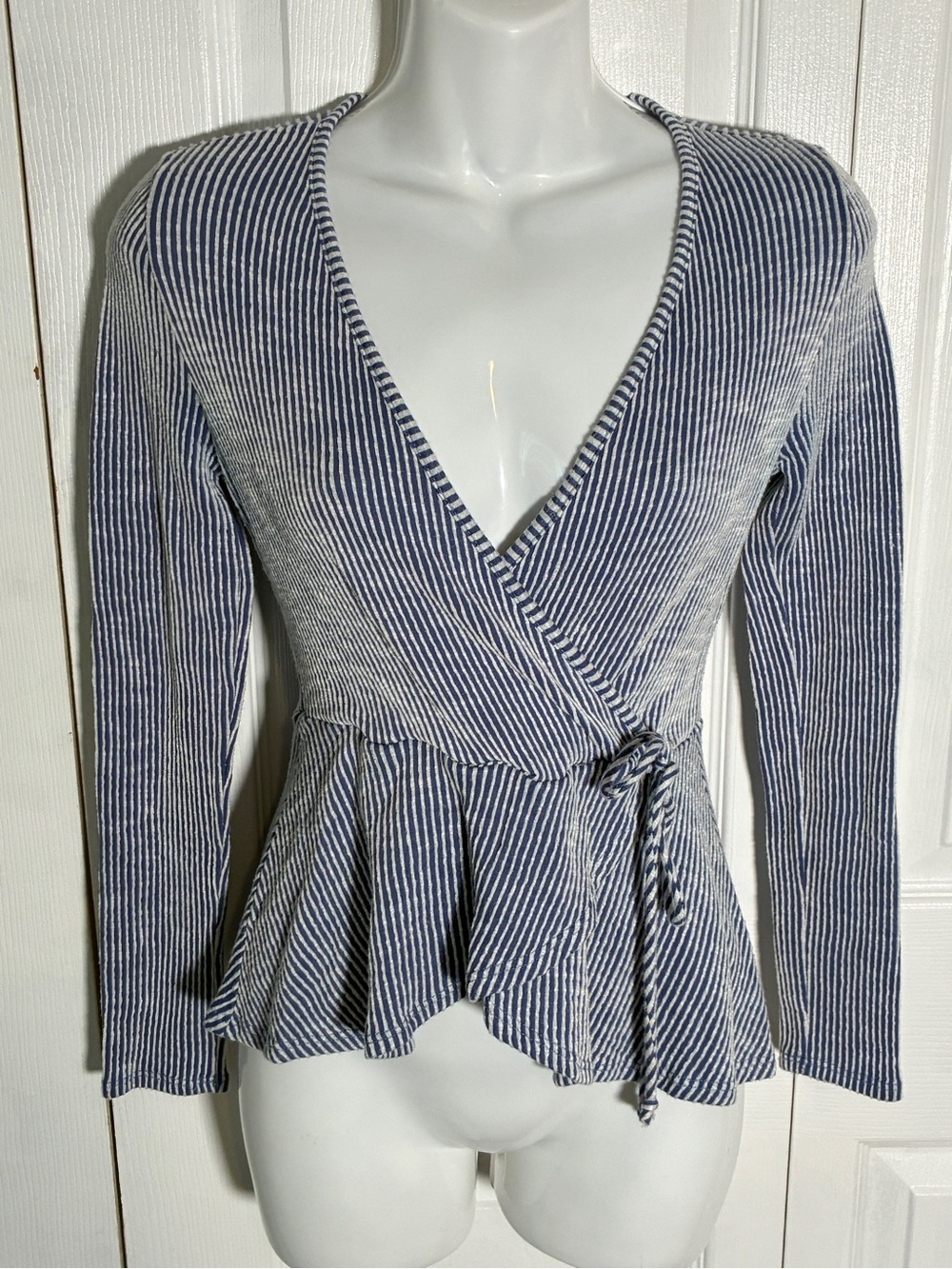 Caution to the Wind Blue White Striped Wrap Peplum Top M